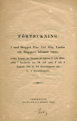 Småtrykk "Förteckning à med Skeppet  Prins Carl frå Canton och Singapore inkomna varor" fra 1846