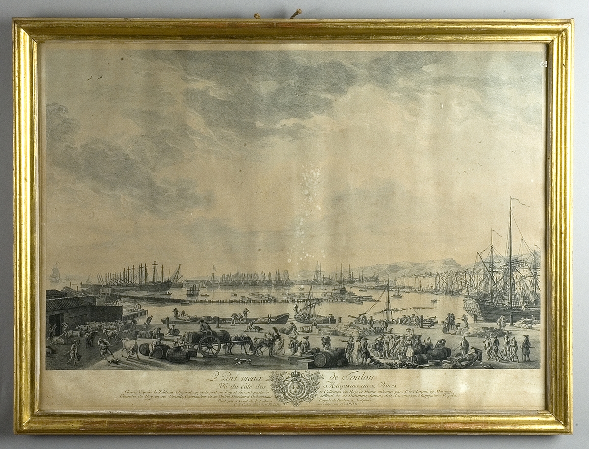 Motiv från den gamla hamnen i Toulon, kaj med människor, vagnar och båtar, i bakgrunden skepp och landskap.