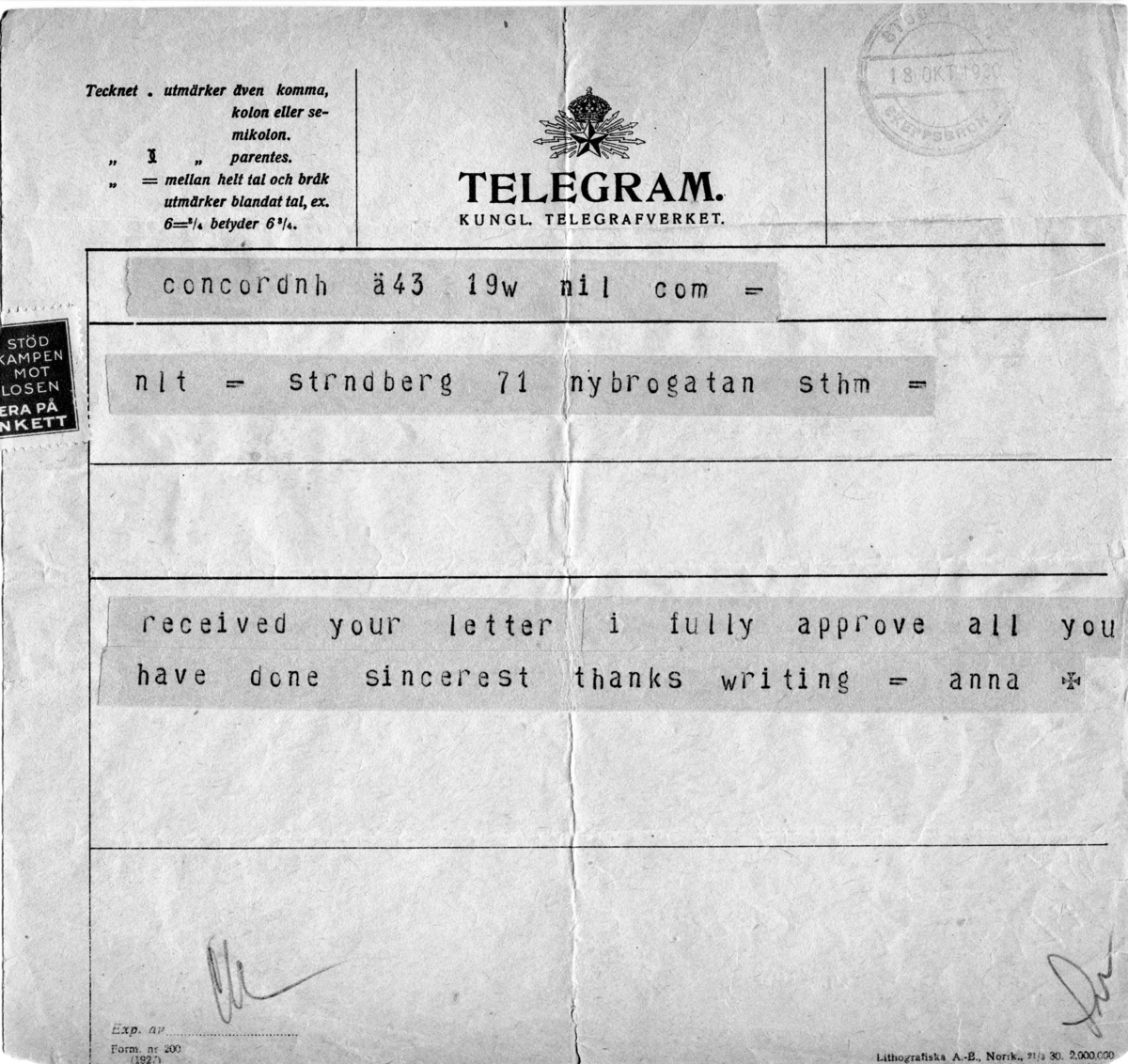 Telegram från A (Charlier) Hawtrey till T Strindberg