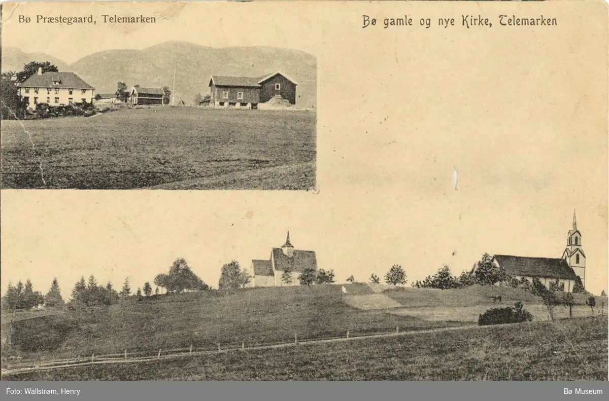 Bø kyrkjene og Bø prestegard, todelt prospektkort