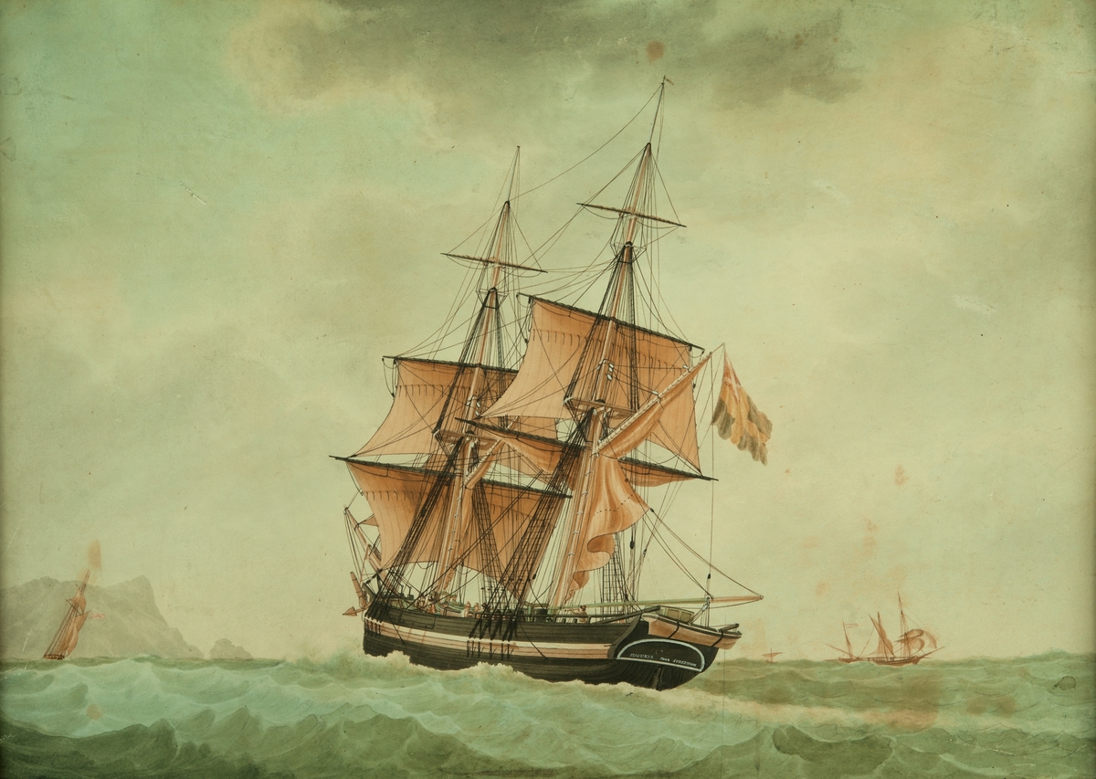 Brigg till sjöss under segel visande babords, lovarts, sida. Fartyget har svensk flagg med äldre unionsmärket (1818-1844).