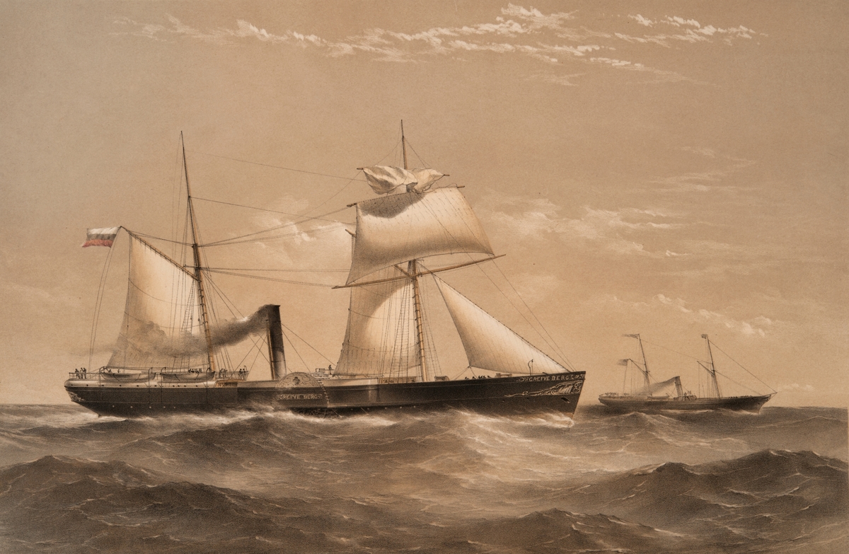 Hjulångfartyget GREFVE BERG till sjöss med satta segel och visande svart styrbords sida. Finsk flagg under mesangaffeln. Förut, på babords sida, ångfartyg.