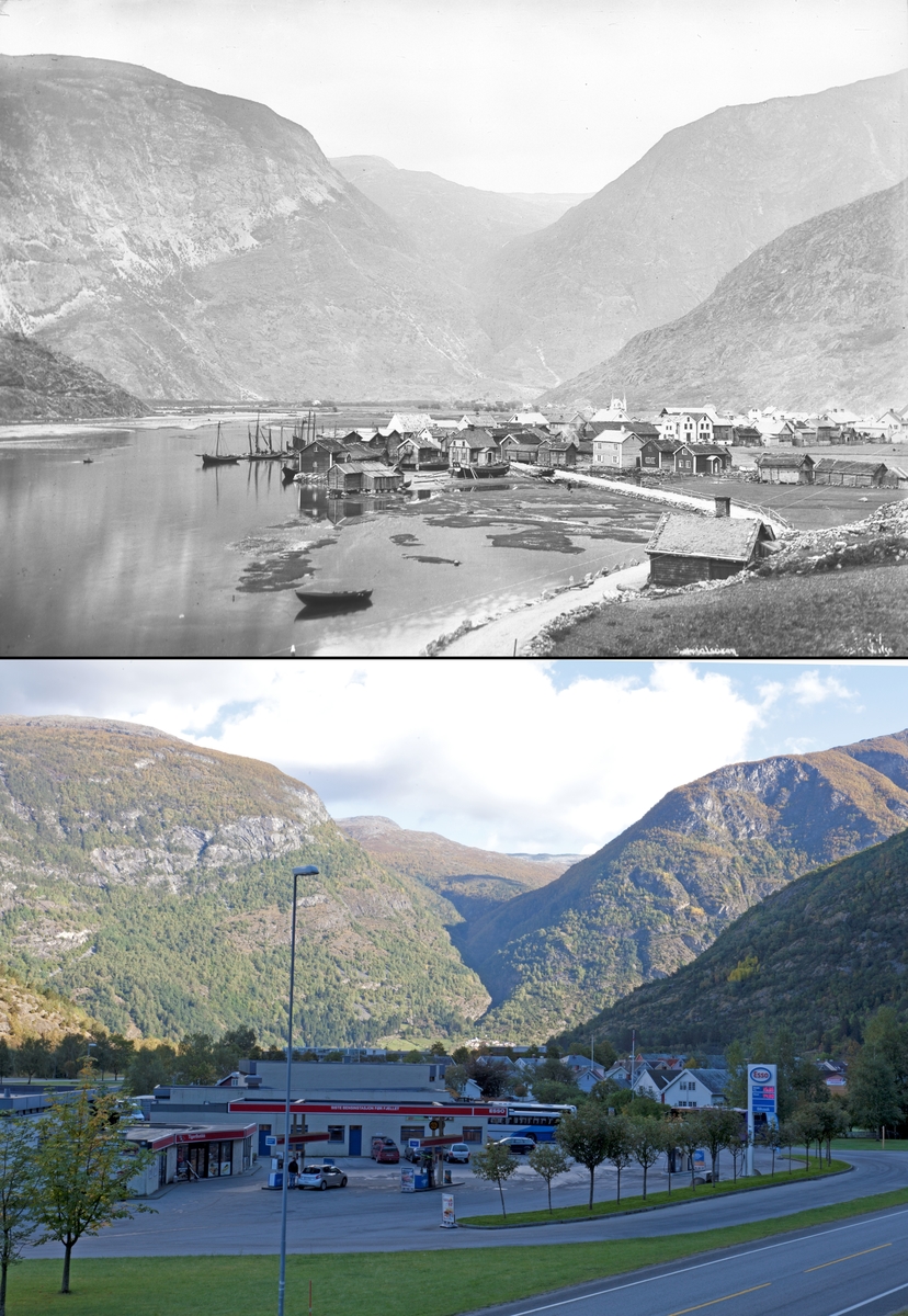 Refotografering. Fra Lærdalsøyri i Lærdal, Sogn og Fjordane. Fotografert 1884 og 2013. I 2013 dominerer bensinstasjonen.