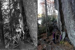 Refotografering. Turgåere går langs stien ved Sarabråten i 1