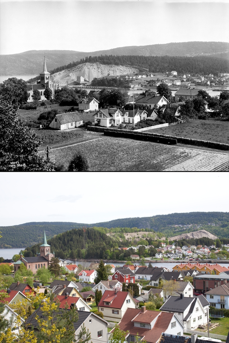 Refotografering. Sandtaket er grodd igjen og jordbruksområde fra 1926 er bebygd med flere boliger rundt Svelvik kirke i 2014. Fotografert 1926 og 2014.