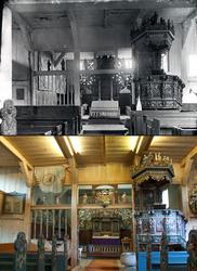 Refotografering. Kirkeinteriør fra Vågå kirke. Kirkebenkene 