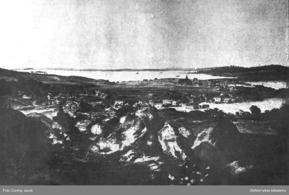 Det tidligste bilde av byen Moss, år 1700.
Jacob Coning (1648-1724), hollandsk maler, Christian V's kgl. hoffmaler, har laget dette oversiktsmaleriet fra Moss. Det skal være den første avbildning av byen. Skissen til maleriet er laget på stedet. Originalen finnes i Nasjonalgalleriet, Oslo. Utsnitt av maleriet på negativ.