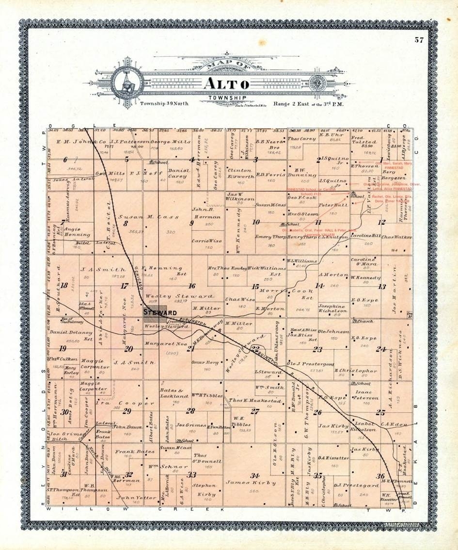 Kart over Alto Township. Mikkel Knutson og hans familie slo seg ned i Alto route 11,1 squaremile section i Alto township, Lee county Illinois.