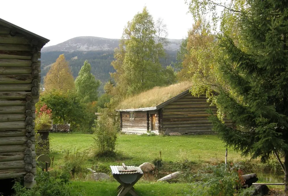 Oversiktsbilde av Erikstugua med trysilfjellet i bakgrunnen.