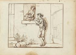 Kvinne og mann ved vindu [Tegning]