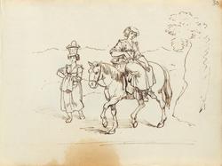 Skridende kvinne og kvinne tilhest [Tegning]