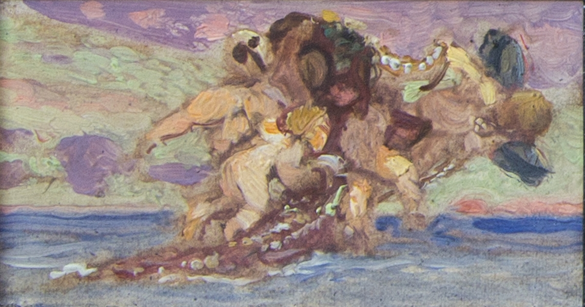 Skissartad komposition i tre delar av Venus på havet. Från vänster till höger:Amoriner kring oidentifierat objekt på havet, Venus sittande i en båt omgiven av amoriner och triton samt frustande hästar som drar Venus båt.