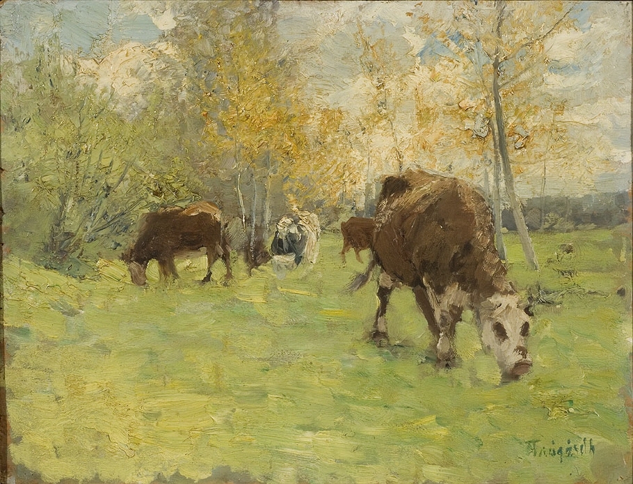 Målningen förställer ett ängslandskap med tre betande kor. I bakgrunden finns några träd, möjligen björkar. Färgskalan domineras av det ljust gröngula i gräset. Korna är övervägande målade i brunt, trädens lövverk i gult och grönt. Utförandet är impressionistiskt skissartat.