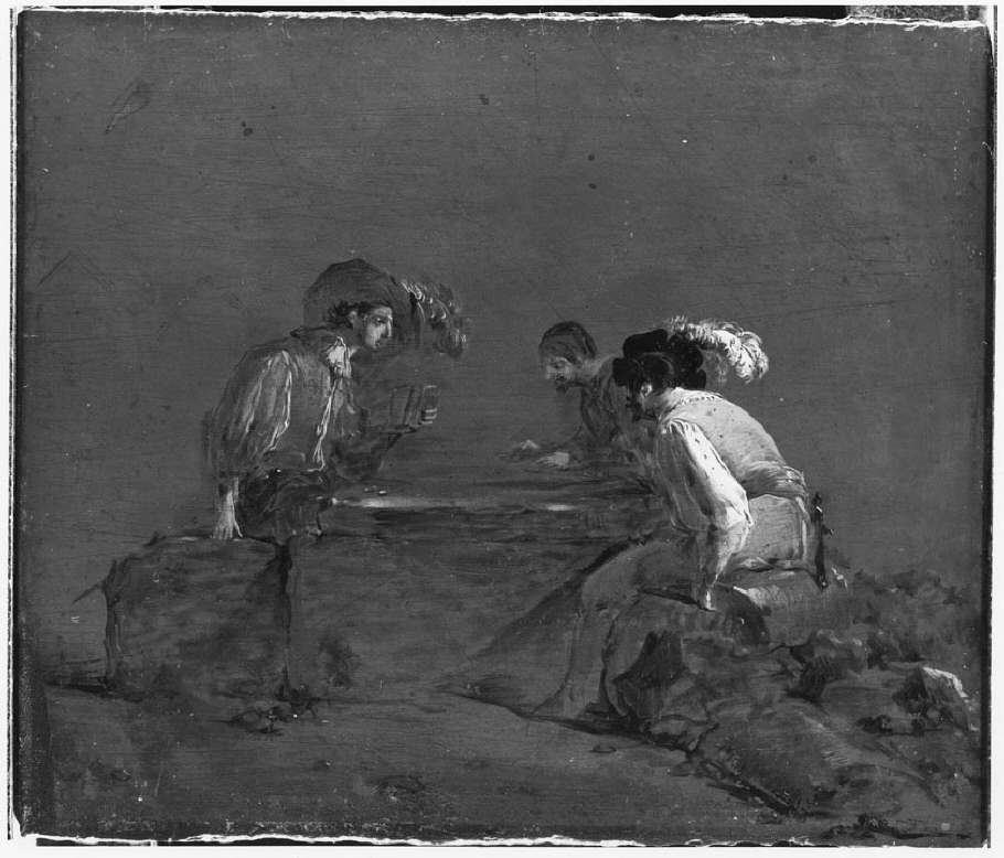 En bonde och två soldater kastar tärning
