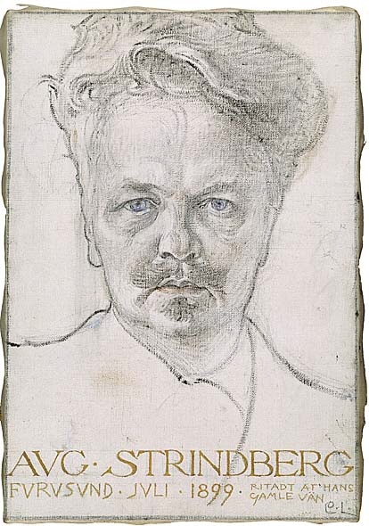 Carl Larsson har berättat att han våndades inför uppgiften att porträttera Strindberg. Efter första dagens sittning var emellertid Strindberg så nöjd att han bad Larsson betrakta arbetet som färdigt. Resultatet blev denna ornamentalt stiliserade kolteckning. Förhållandet mellan Strindberg och Carl Larsson var komplicerat. I En ny blå bok (1908) beskrev Strindberg Larsson som en opålitlig och falsk människa. Carl Larsson tog angreppet mycket hårt och bröt kontakten med Strindberg.