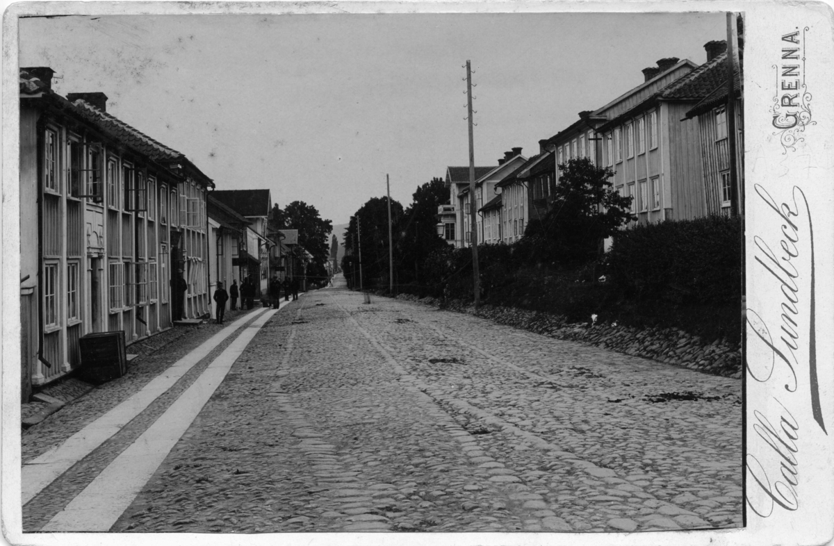 Brahegatan från Söder tull och norrut. Kvarteren Greven till vänster och Föreningen till höger. Kyrkan till höger saknas, alltså efter branden 1889.