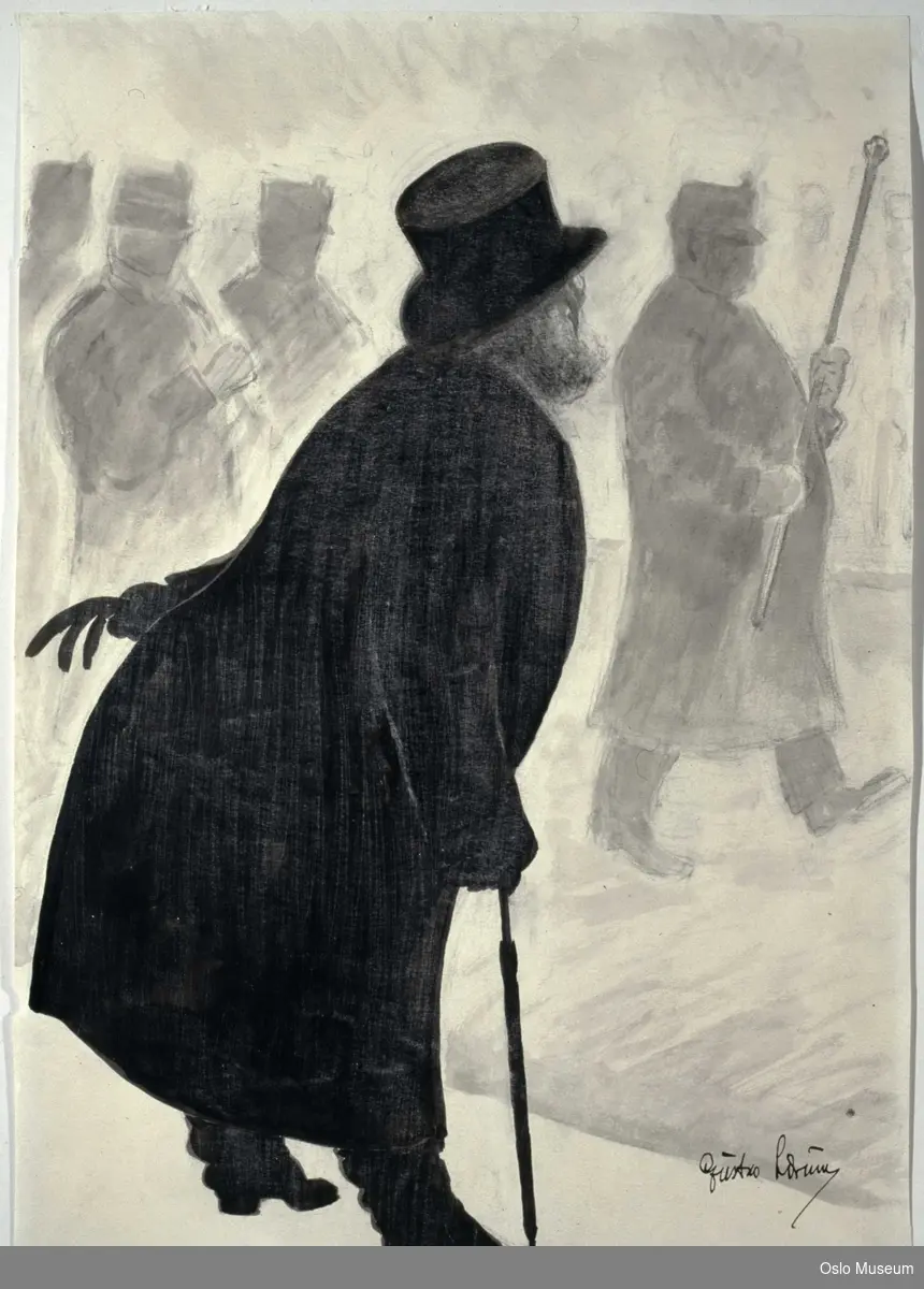 karikatur, mann
mann står foroverbøyd, venstre arm på ryggen, musikkorps marsjerer forbi