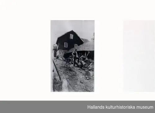 "Sågverksindustri. Klas Nordgren, sågverket vid Kalvhults såg i Veddige omkring 1920.Bilden ingick i Museets i Varberg bildtävling/utställning, ""Byakistan"", 1975.  Se VMA11638: serie F5."