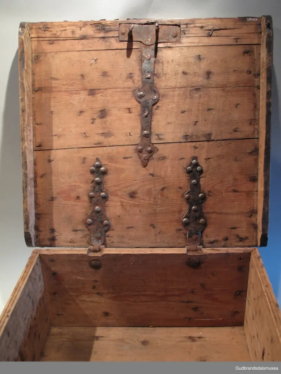 "Ferdaskrin. Umalt. Over heile skrinet går det beslag med innhogga stjerner og hjerter. Fra Østre Gausdal. Merknad 2, også kalla Føringsskrin" (Jf. Katalog for Lom Bygdesamling, 1925).
Skrinet har 1 rom. LOKK: satt sammen av 3 bord, holdt sammen av sidelister på innsiden og jernbeslag langs sidekanter på oversiden. Hengslet med 2 hengselbeslag på innsiden og  2 på utsiden av bakstykke.  1 stk. låsbeslag på innsiden av lokk.
SKRINSIDER: gjæra sammen, holdt sammen av hjørnekantbeslag utvendig; profilerte toppkanter.
BUNN: satt sammen av 2 bord, festet til skrinrammen med trenagler. Er i tillegg opprinnelig holdt på plass av 10 beslag festet til skrinbunn og sidestykker. Jernhandtak på hver side.
BESLAG: 5 jernbeslag i lengderetning på lokk. Tilsvarende 3 beslag og 2 hjørnebeslag på front og sider. Alle beslag er festet med jernnagler.
DEKOR. Ingen skurd- eller malingdekor. Skrinet har i stedet jernbeslag med utskårne hjerte- og stjerneformer som dekor. Muligvis fra 1600-tallet der treskurden ikke var fremherskende. Liknende dekor ses på LBY0319.
BRUK. Før kofferten kom i bruk hadde man reiseskrinet, som ble brukt til oppbevaring av bl.a. klær, verdisaker og mat på reiser. Skrinet hadde ofte et eller to mindre, smale rom langs den ene skrinsiden og ett større rom. De fleste reiseskrin var i tillegg forsterket med jernbeslag langs alle kanter og med en solid nøkkelhullås til sikring mot støt, slag og tyveri.
