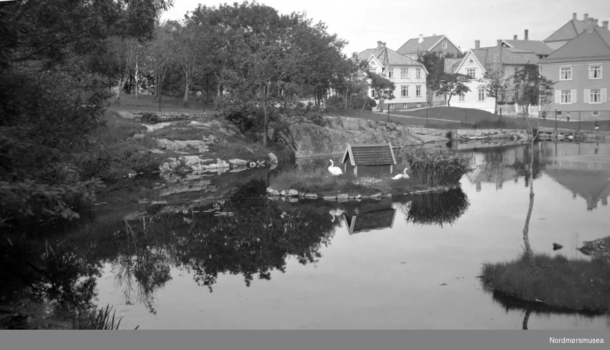 På bildet ser vi Svanedammen, den minste av 4 dammer som tilsammen utgjør Vanndamman på Kirkelandet i Kristiansund. Fra Nordmøre Museum sin fotosamling.
