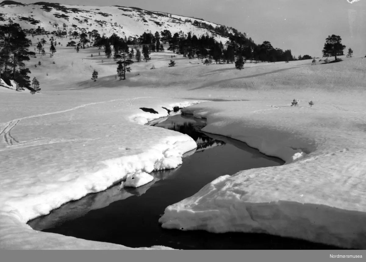 elv bekk snø vinter vår  - Datering er ukjent, men trolig omkring 1950 til 1960. Fra Nordmøre museums fotosamlinger, Myren-arkivet