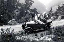 Foto av
tre menn og to kvinner samlet like bak en bil ståend