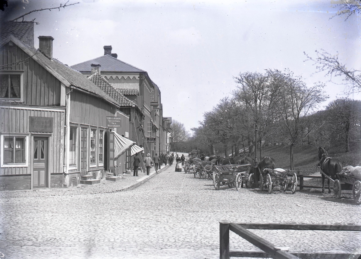 Södra Vallgatan sedd i riktning mot Lilla Torget. Hästskjutsar vid bindräcken som sträcker sig ända bort till Kavaljeren. Bilden är tagen i korsningen Larmgatan och Södra Vallgatan.