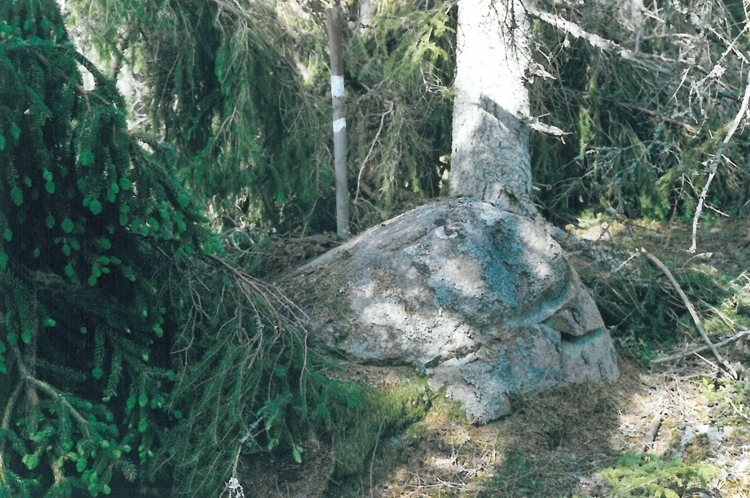 Foto av gränsmärke kallat Grävlingekullen/Grävlingakullen, bestående av en jordfast sten. På ovansidan är en inhuggen norrpil.                  
Raä 165 a, 2010-11-24, reg i FMIS