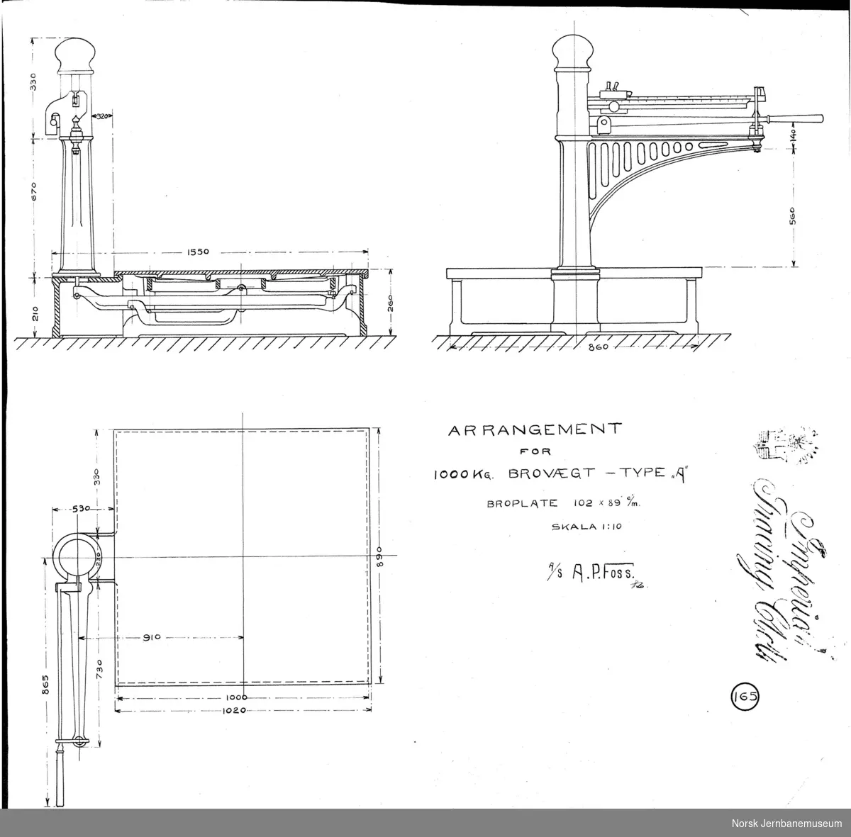 Arrangement for 1000 kg brovægt - type "A"
A. P. Foss tegning no. 165