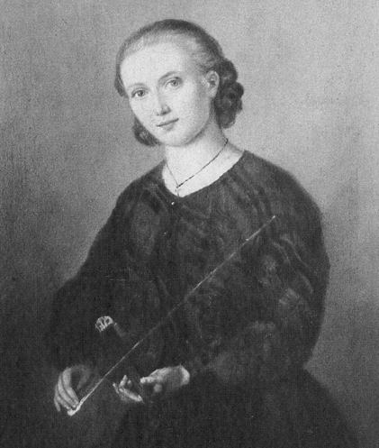 Avfotograferat porträtt av Christina Nilsson som ung, där hon håller en fiol.