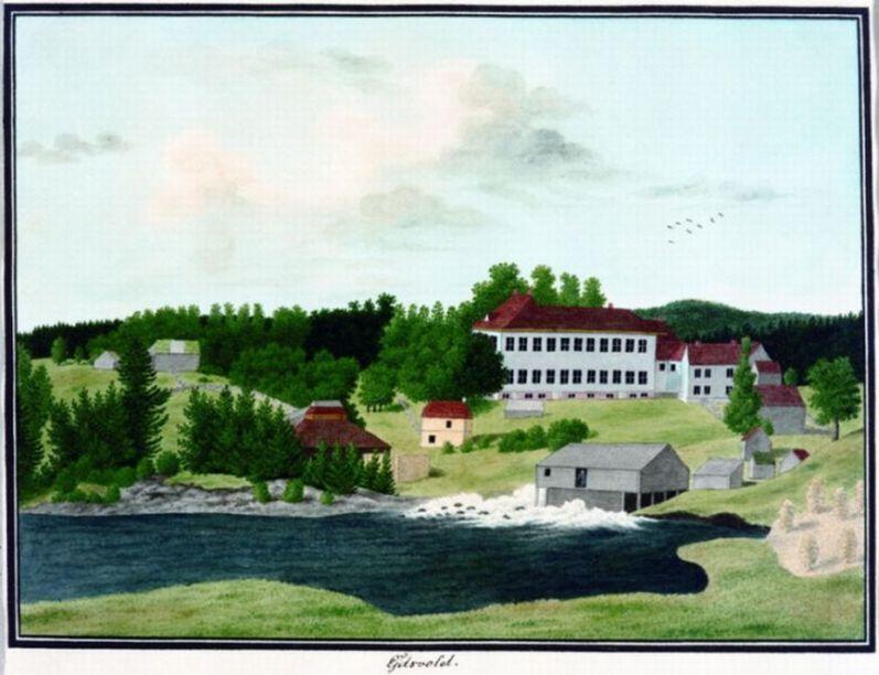 Et maleri viser Eidsvoll Verk - altså fra tida da Eidsvollsbygningen var hovedbygning ved jernverket anlagt ved Andelva. Vi ser Eidsvollsbygningens nordre fasade i bakgrunnen, i forgrunnen ser vi en foss og et vann. Det er flere små bygninger på ulike steder i bildet.