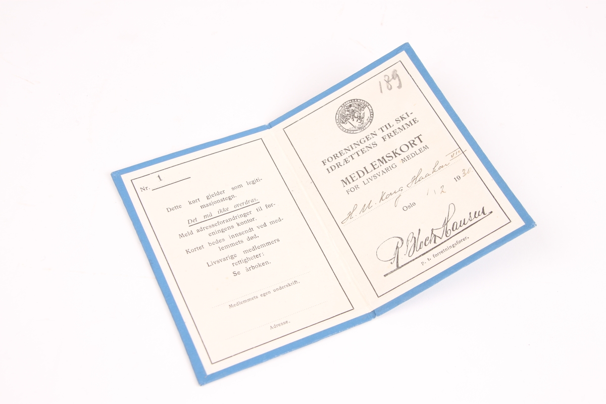 Medlemskort fra Skiforeningen. Kortet har tilhørt kong Haakon som var livsvarig medlem i foreningen.