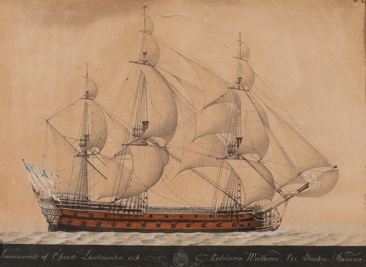 Linjeskeppet Prins Carl, byggt 1758. 60 kanoner. Avbildat i öppen sjö under fulla segel och under klart skepp till drabbning.