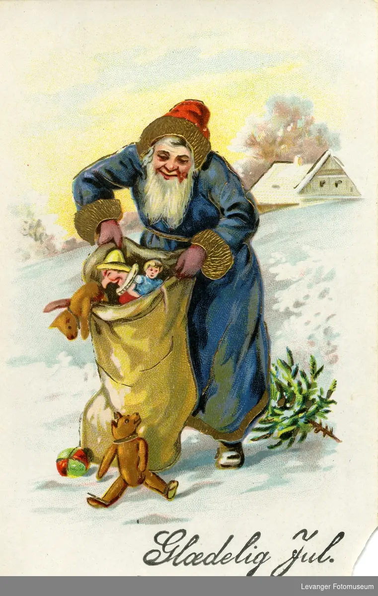 Postkort, julenisse med gaver i sekken, tekst  Glædelig Jul.