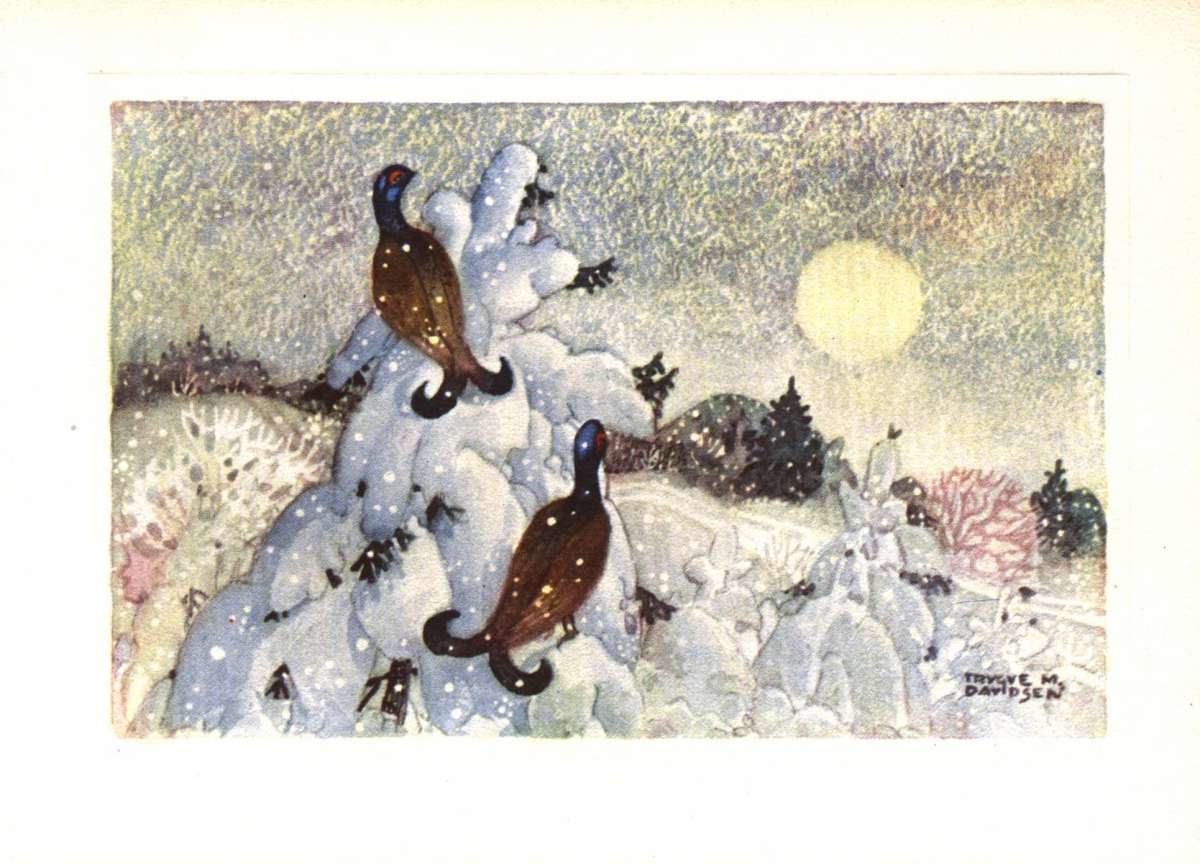 Postkort. Jule- og nyttårskort. Vinterlandskap med to storfugler. 
Illustrert av Trygve M. Davidsen (1895-1978).