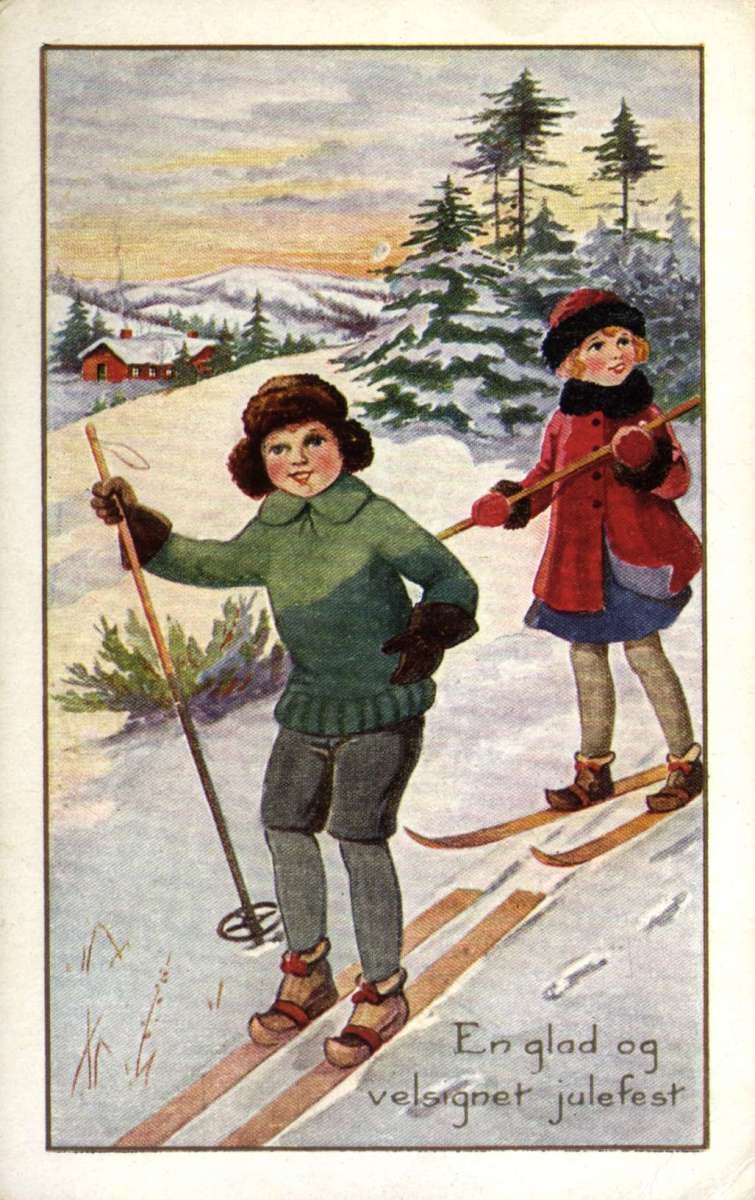 Julekort. Jule- og nyttårshilsen. Snødekt landskap. To barn på ski i forgrunnen. Hus og åser i bakgrunnen.