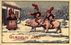 Julekort. Jule- og nyttårshilsen. Nissemor utenfor et hus ta