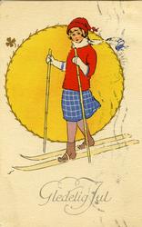 Julekort. Jule-og nyttårshilsen. Ei ung jente på ski. Stempl