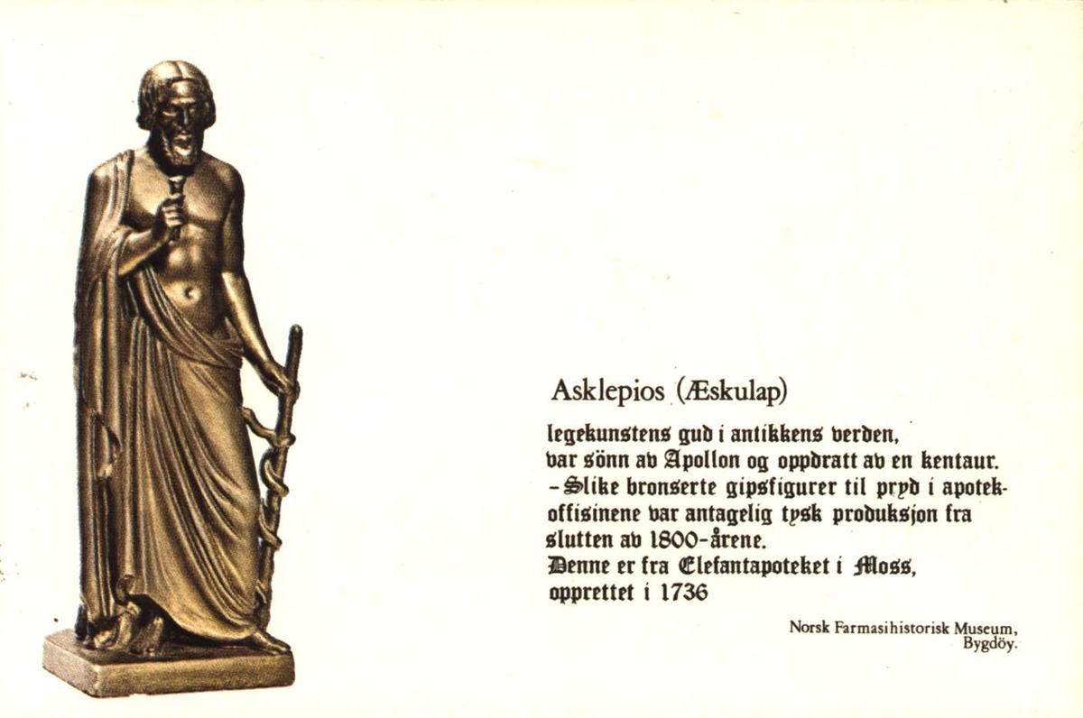 Postkort. Asklepios, legekunstens gud i antikkens verden. Tysk produksjon fra 1800. 
Fra Elefant apoteket i Moss, opprettet i 1736. Utstilling NF.