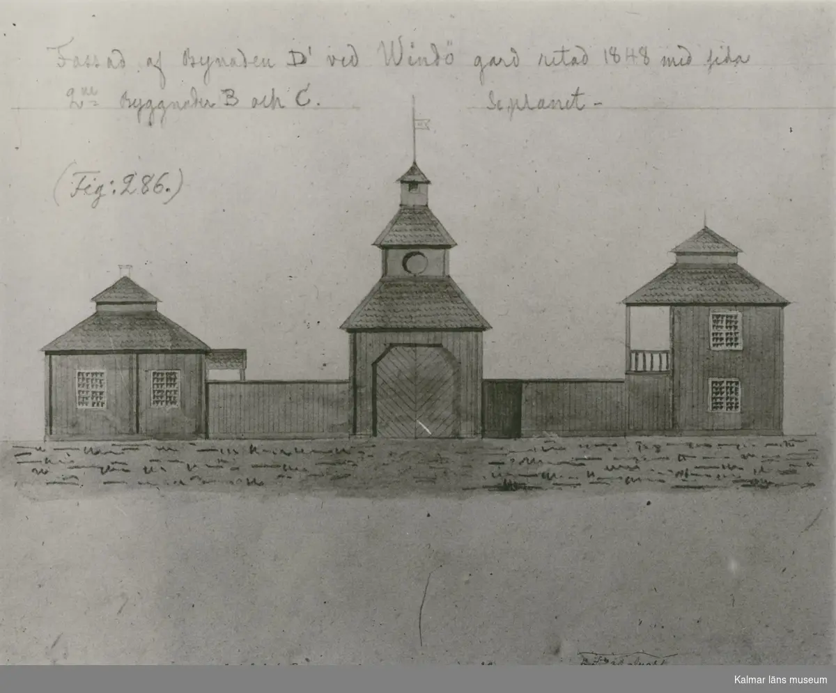 "Fasad af byggnaden D ved Windö gård ritad 1848 med ...
 2:ne Byggnader B och C."