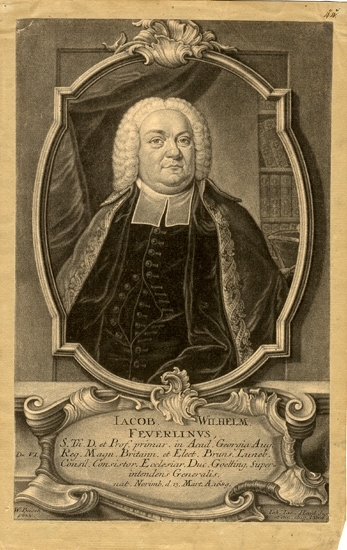 Gravyr (mezzotint). 
Porträtt av professor Jacob Wilhelm Feuerlein (1689-1766). 
Förklarande text på latin nedtill.
