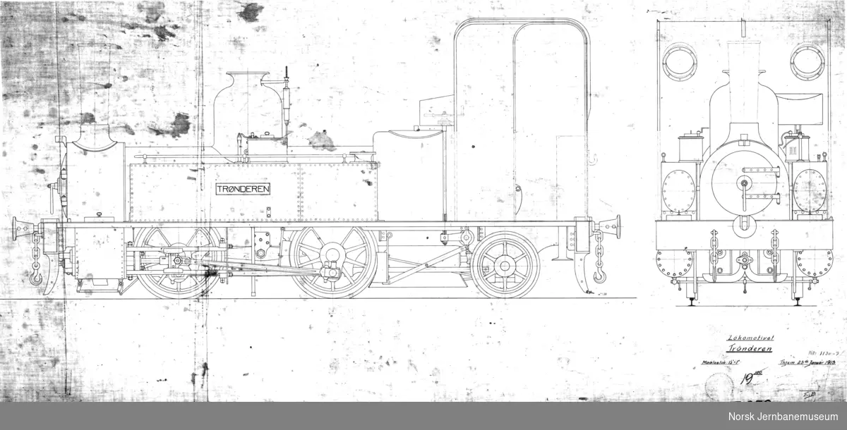 Rekonstruert hovedtegning av lokomotivet "Trønderen" etter oppmåling i 1913
1130-7 T1858 Utvendig utseende, side og front
1130-8 T1842 Snitt på langs
1130-9 T1858 og 1842 sammensatt