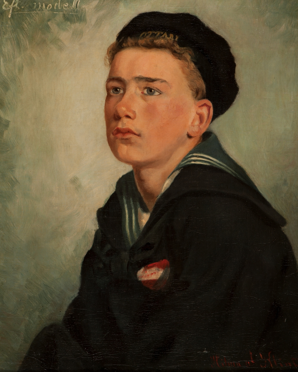 Porträtt av ung sjöman i lätt profil åt vänster.