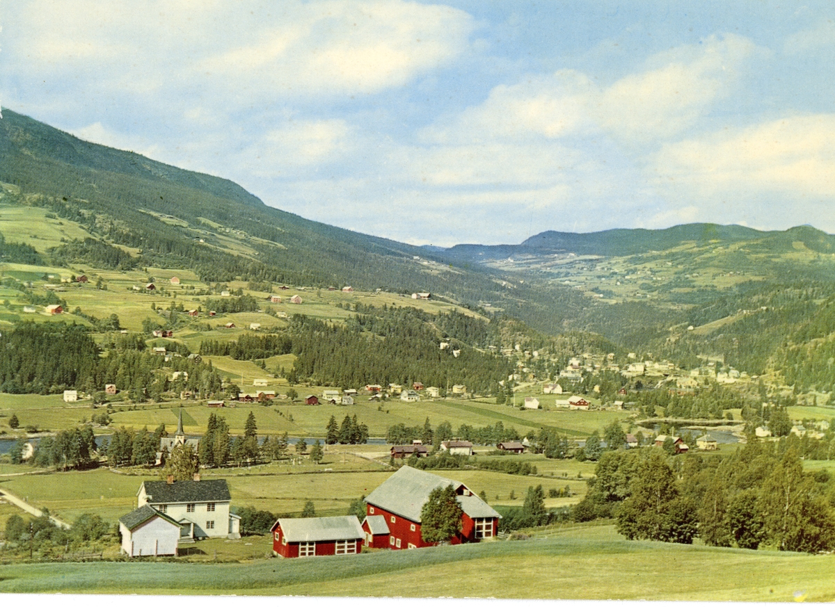 Postkort med utsikt mot vestre Bagn. Bygda Reinli ligger opp til høyre.