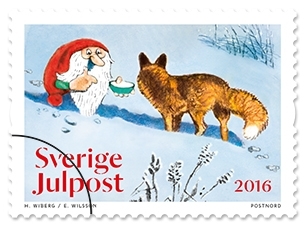 Julfrimärken i häfte, med tio frimärken med fem olika tomtemotiv. Valör 6 kr.