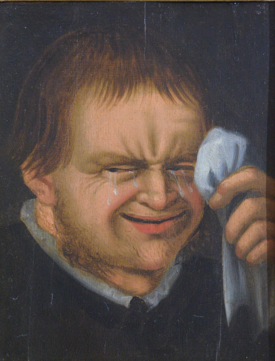 Maleriet viser et gråtende mannsansikt. Venstre hånd holder et hvitt tørkle løftet opp mot venstre øye. Av mannens klesdrakt sees bare en hvit krave tydelig.