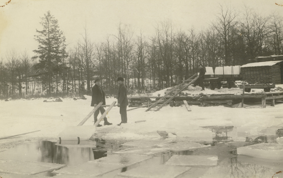Upptagning av is i Alsterbro på 1920-talet. Isen packades sedan under tjocka lager sågspån och höll sig där till nästa vinter. Allt eftersom tog man fram och fyllde på i isskåpen så maten höll sig färsk.