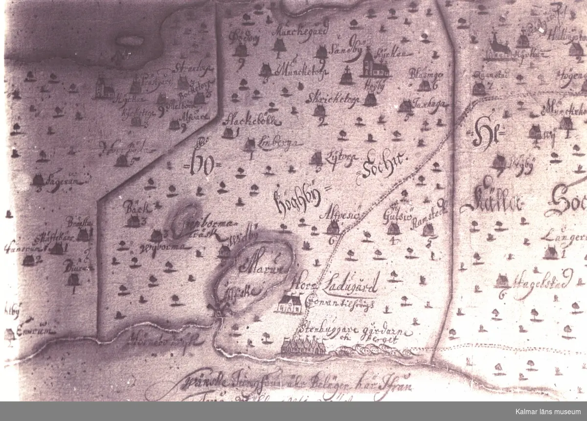 Text på kartan: "Swänske Jungfrun ... Belägen här Ifrån Twå Myhlar ... wästeren."