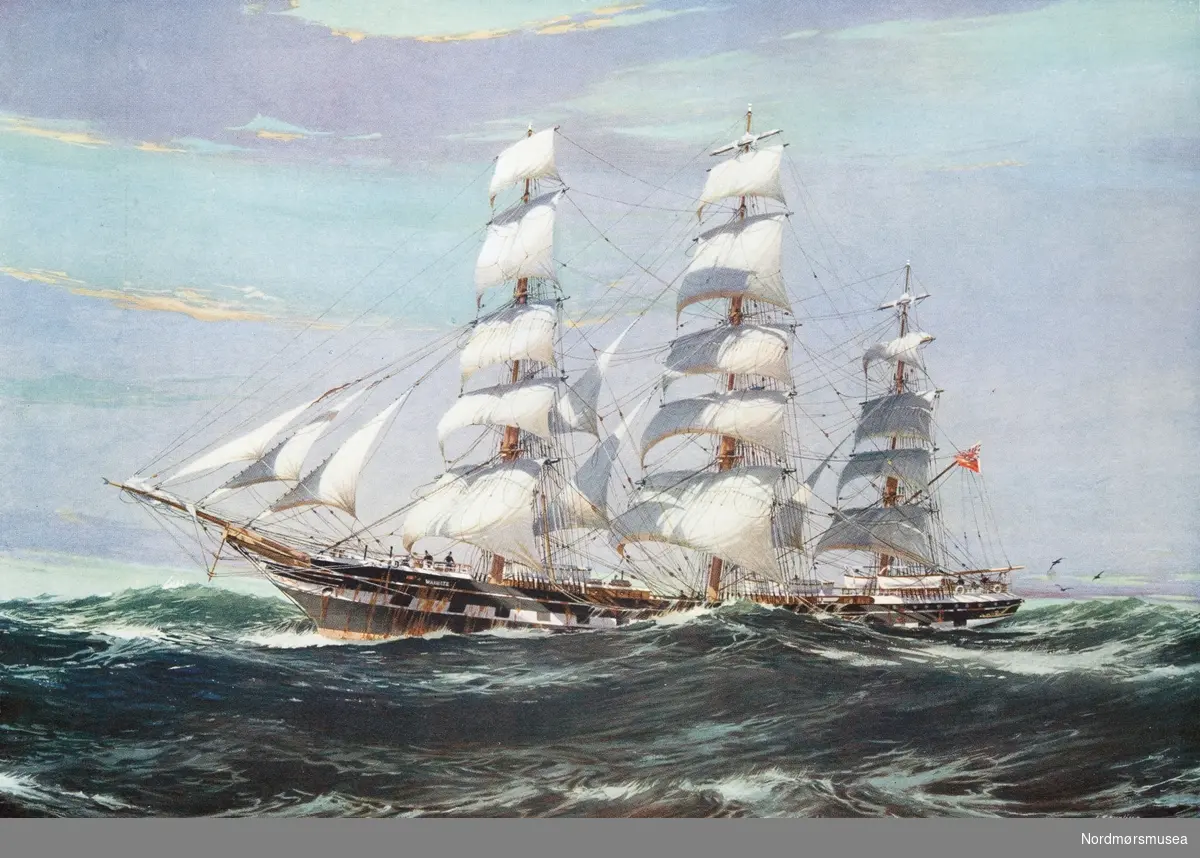 Seilskip ved navn "Waimate". Det er Jack Spurling (1870-1930) som har malt bildet. Fra Nordmøre museums fotosamlinger.