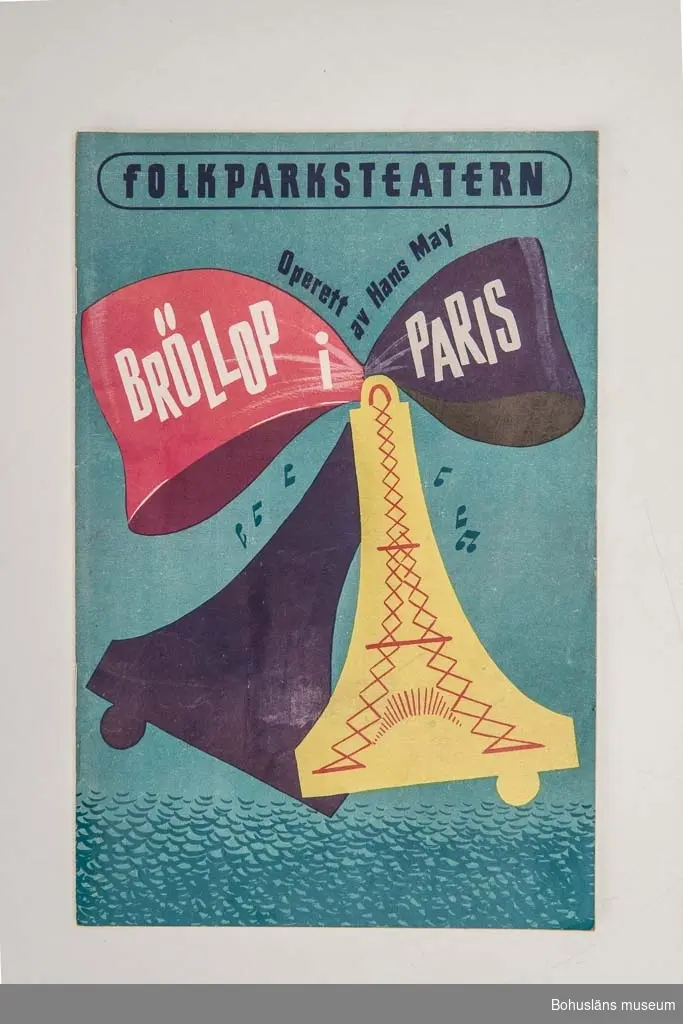 Tryckt teaterprogram, Folkparksteatern "Bröllop i Paris", 1958. Flerfärgat omslag och inlaga 20 sidor sv/v med presentation av föreställningen och den aktuella uppsättningen med dess medverkande, ibland med fotografier. Annonser.
